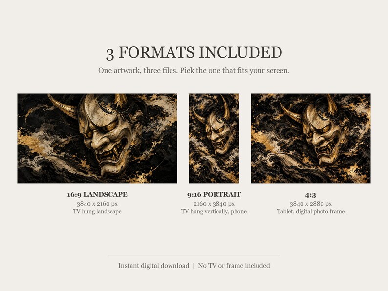 Hannya Mask Ink and Gold Frame TV Art, Japanese Wall Art, 4K Digital Download, 3 Formats image 2