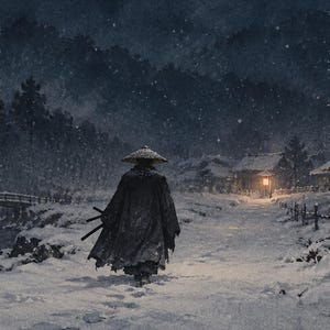 Samurai Snow Night Art, Japanese Winter Scene, 4K Digital Download (3 Formats) image 6