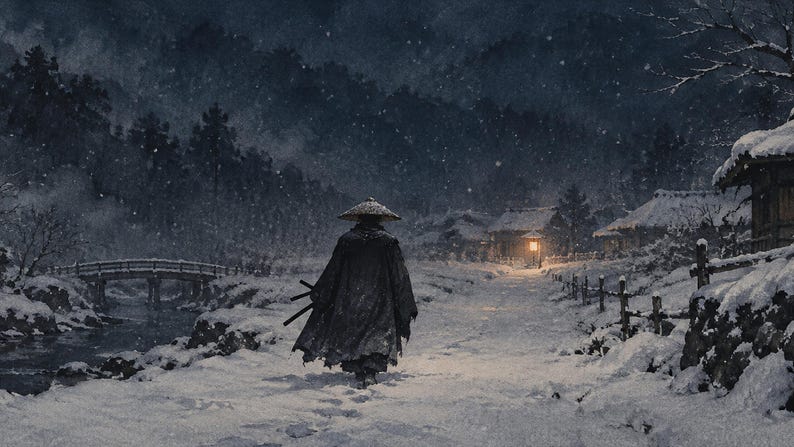 Samurai Snow Night Art, Japanese Winter Scene, 4K Digital Download (3 Formats) image 6