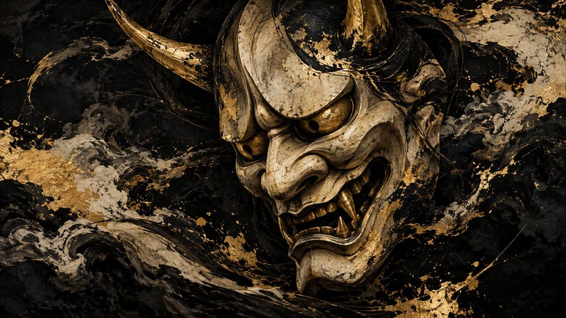 Hannya Mask Ink and Gold Frame TV Art, Japanese Wall Art, 4K Digital Download, 3 Formats image 5