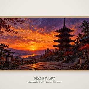 Pagoda de cinco pisos al atardecer. Marco para TV, arte mural japonés, descarga digital 4K, 3 formatos. imagen 4