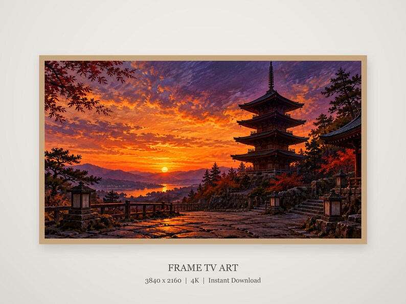 Pagoda de cinco pisos al atardecer. Marco para TV, arte mural japonés, descarga digital 4K, 3 formatos. imagen 4