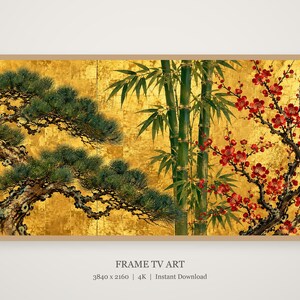 Pine, Bamboo and Plum on Gold Frame TV Art, Japanese Wall Decor, 4K Digital Download (3 Formats) image 4