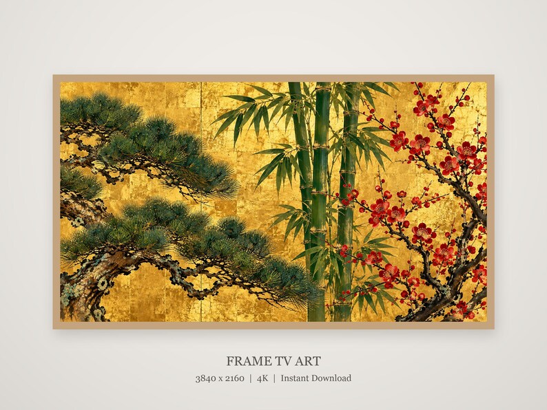 Pine, Bamboo and Plum on Gold Frame TV Art, Japanese Wall Decor, 4K Digital Download (3 Formats) image 4