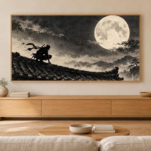 Ninja on Moonlit Rooftop Ink Frame TV Art, Japanese Wall Art, 4K Digital Download, 3 Formats image 1