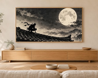 Ninja on Moonlit Rooftop Ink Frame TV Art, Japanese Wall Art, 4K Digital Download, 3 Formats