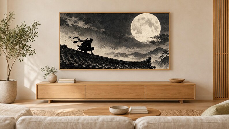 Ninja on Moonlit Rooftop Ink Frame TV Art, Japanese Wall Art, 4K Digital Download, 3 Formats image 1