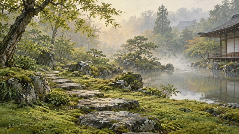 Moss Garden Japandi Frame TV-konst, japansk väggkonst, 4K digital nedladdning, 3 format bild 6