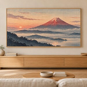 Red Fuji at Dawn Woodblock Style Frame TV Art, Japanese Wall Art, 4K Digital Download, 3 Formats image 1