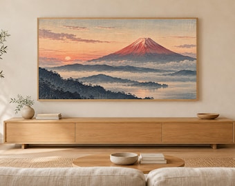 Red Fuji at Dawn Woodblock Style Frame TV Art, Japanese Wall Art, 4K Digital Download, 3 Formats