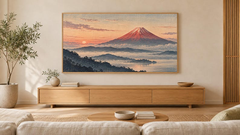 Red Fuji at Dawn Woodblock Style Frame TV Art, Japanese Wall Art, 4K Digital Download, 3 Formats image 1