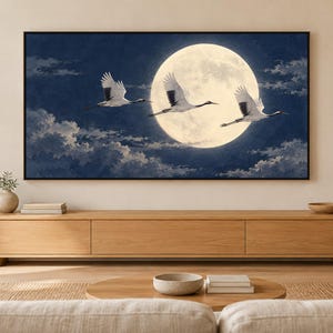 Japanese Cranes Flying Moon Art, 4K Digital Download (3 Formats) image 1