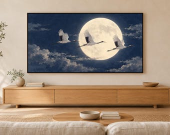 Japanese Cranes Flying Moon Art, 4K Digital Download (3 Formats)