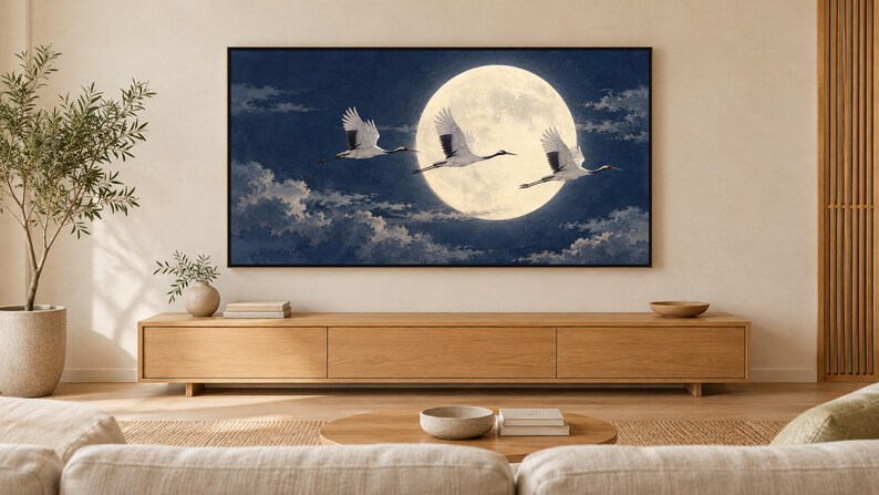 Japanese Cranes Flying Moon Art, 4K Digital Download (3 Formats) image 1
