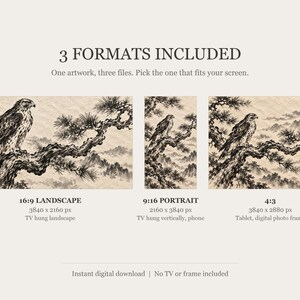 Hawk on a Pine Branch Frame TV Art, Japanese Wall Art, 4K Digital Download, 3 Formats image 2
