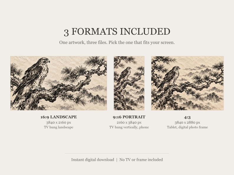 Hawk on a Pine Branch Frame TV Art, Japanese Wall Art, 4K Digital Download, 3 Formats image 2
