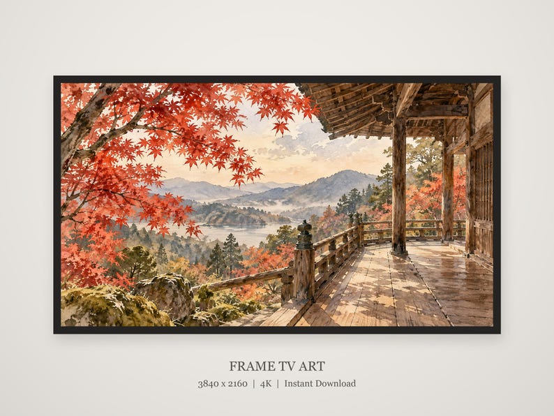 Höstlönntempel Kyoto Ram TV-konst, japansk väggkonst, 4K digital nedladdning, 3 format bild 5