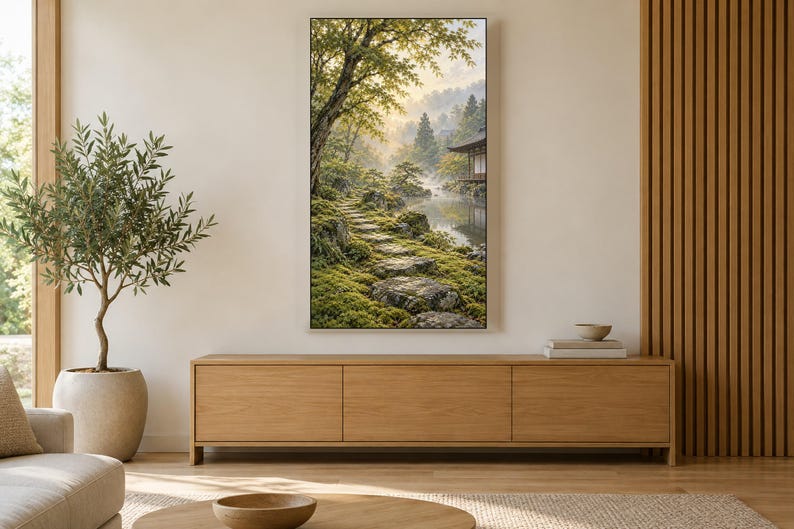 Moss Garden Japandi Frame TV-konst, japansk väggkonst, 4K digital nedladdning, 3 format bild 3