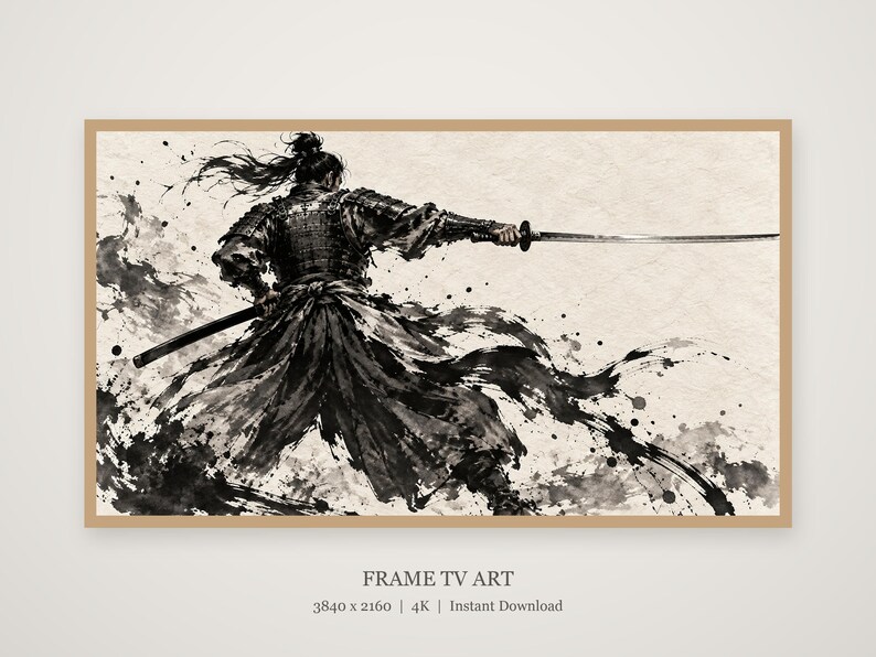 Samurai Drawing Sword Sumi-e Frame TV Art, Japanese Wall Art, 4K Digital Download, 3 Formats image 4