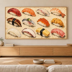 Sushi Field Guide Chart Vintage Frame TV Art, Japanese Wall Art, 4K Digital Download, 3 Formats image 1