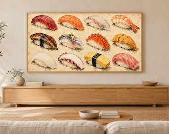 Sushi Field Guide Chart Vintage Frame TV Art, Japanese Wall Art, 4K Digital Download, 3 Formats