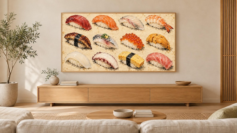 Sushi Field Guide Chart Vintage Frame TV Art, Japanese Wall Art, 4K Digital Download, 3 Formats image 1