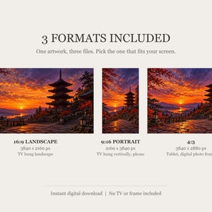 Pagoda de cinco pisos al atardecer. Marco para TV, arte mural japonés, descarga digital 4K, 3 formatos. imagen 2