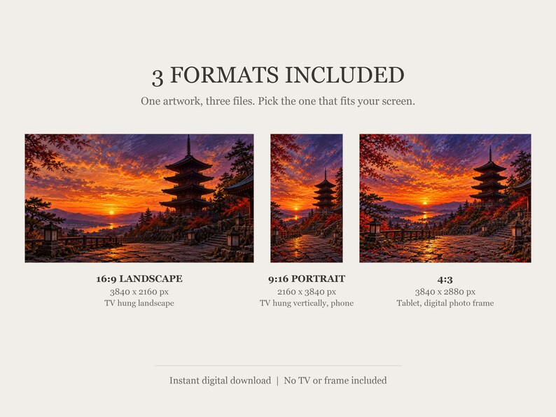 Pagoda de cinco pisos al atardecer. Marco para TV, arte mural japonés, descarga digital 4K, 3 formatos. imagen 2