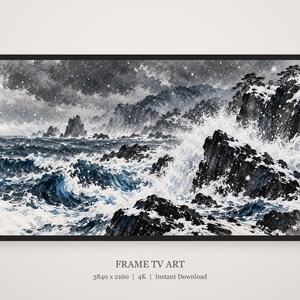 Onde invernali su rocce nere, opera d'arte giapponese a inchiostro sumi (download digitale 4K) immagine 5