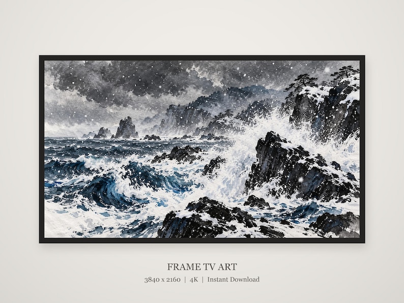 Onde invernali su rocce nere, opera d'arte giapponese a inchiostro sumi (download digitale 4K) immagine 5