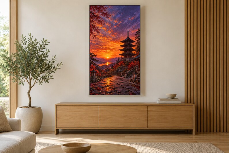 Pagoda de cinco pisos al atardecer. Marco para TV, arte mural japonés, descarga digital 4K, 3 formatos. imagen 3