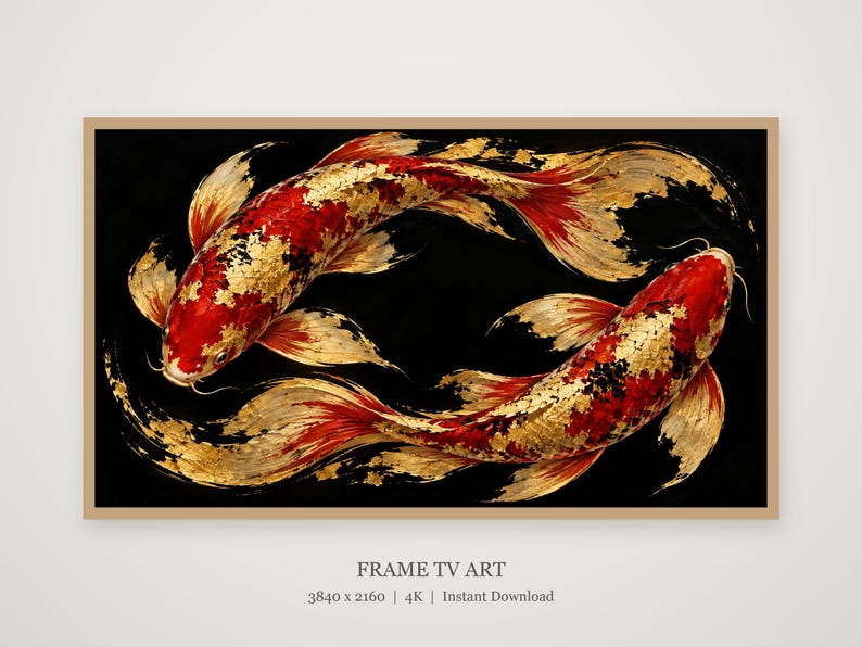 Schwarzer und goldener Koi von oben – TV-Kunstwerk, japanische Wandkunst, 4K-Digitaldownload, 3 Formate Bild 4