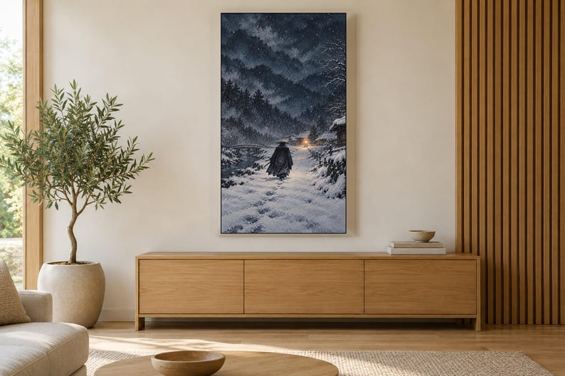 Samurai Snow Night Art, Japanese Winter Scene, 4K Digital Download (3 Formats) image 3