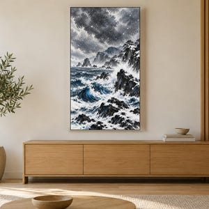 Onde invernali su rocce nere, opera d'arte giapponese a inchiostro sumi (download digitale 4K) immagine 3