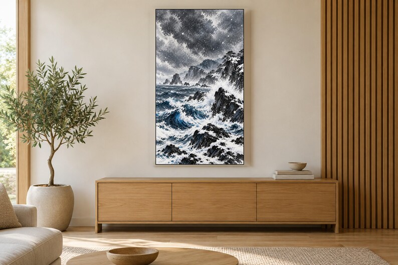 Onde invernali su rocce nere, opera d'arte giapponese a inchiostro sumi (download digitale 4K) immagine 3
