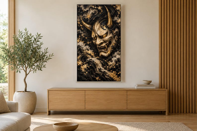 Hannya Mask Ink and Gold Frame TV Art, Japanese Wall Art, 4K Digital Download, 3 Formats image 3