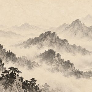Cuadro decorativo de paisaje de montaña brumosa con tinta, arte mural zen japonés, descarga digital 4K, 3 formatos. imagen 5