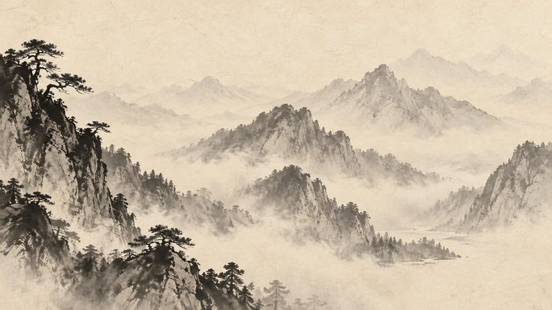 Cuadro decorativo de paisaje de montaña brumosa con tinta, arte mural zen japonés, descarga digital 4K, 3 formatos. imagen 5
