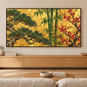 Pine, Bamboo and Plum on Gold Frame TV Art, Japanese Wall Decor, 4K Digital Download (3 Formats) image 1