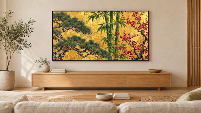 Pine, Bamboo and Plum on Gold Frame TV Art, Japanese Wall Decor, 4K Digital Download (3 Formats) image 1