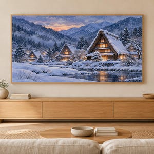 Cuadro decorativo nocturno con imagen de un pueblo nevado con techo de paja, arte mural japonés, descarga digital 4K, 3 formatos. imagen 1