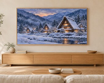 Snowy Thatched Village Night Frame TV Art, Japanese Wall Art, 4K Digital Download, 3 Formats