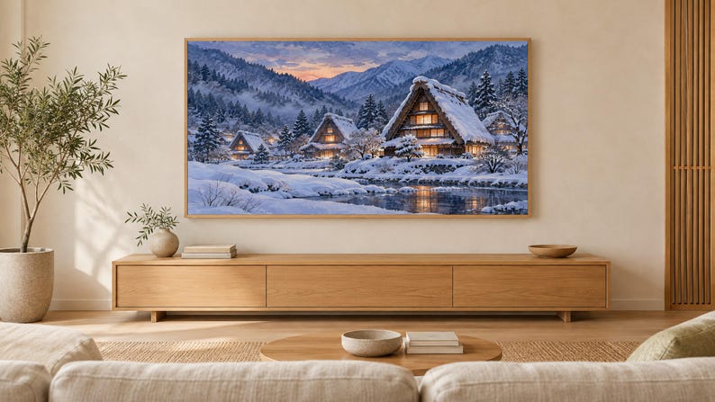 Cuadro decorativo nocturno con imagen de un pueblo nevado con techo de paja, arte mural japonés, descarga digital 4K, 3 formatos. imagen 1