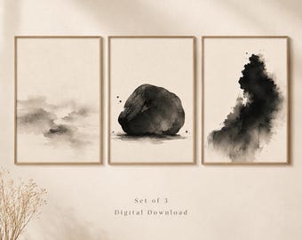 Juego de 3 láminas decorativas imprimibles para pared, láminas japonesas con efecto de niebla sobre piedra, decoración zen Wabi Sabi (descarga instantánea).