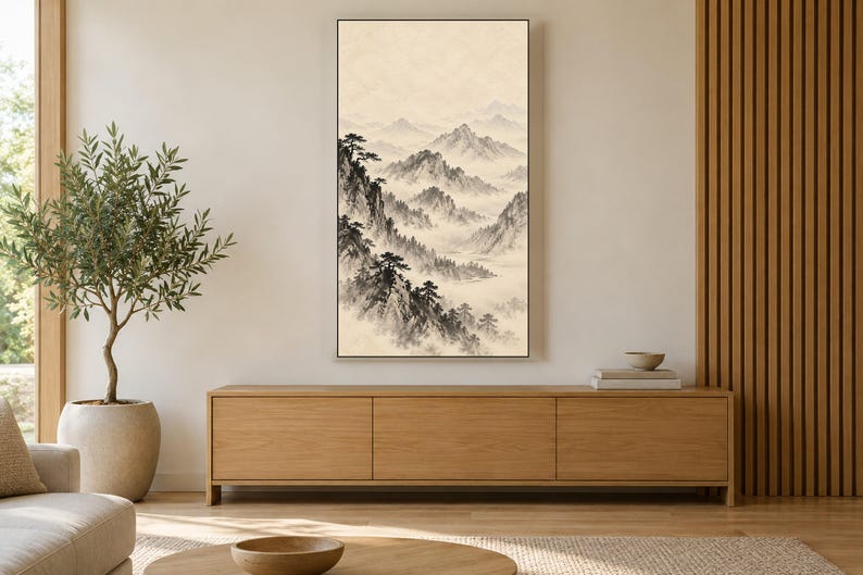 Cuadro decorativo de paisaje de montaña brumosa con tinta, arte mural zen japonés, descarga digital 4K, 3 formatos. imagen 3