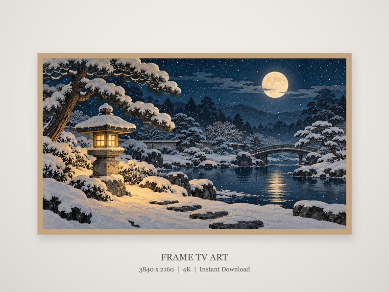 Snowy Garden Lantern at Night Frame TV Art, Japanese Wall Decor, 4K Digital Download (3 Formats) image 4