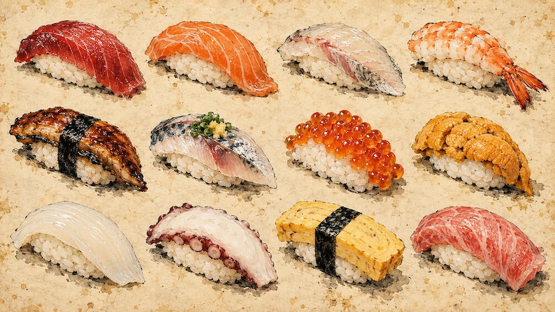 Sushi Field Guide Chart Vintage Frame TV Art, Japanese Wall Art, 4K Digital Download, 3 Formats image 6