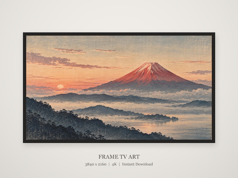 Red Fuji at Dawn Woodblock Style Frame TV Art, Japanese Wall Art, 4K Digital Download, 3 Formats image 5