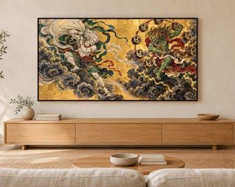 Quadro para TV com os deuses do Vento e do Trovão, Arte de Parede Japonesa, Download Digital 4K, 3 Formatos
