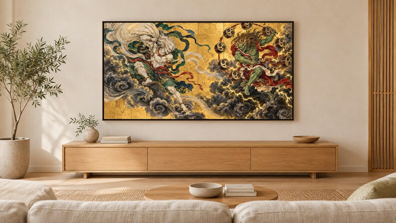 Lijst met afbeeldingen van de windgod en de dondergod voor tv-decoratie, Japanse muurdecoratie, 4K digitale download, 3 formaten afbeelding 1